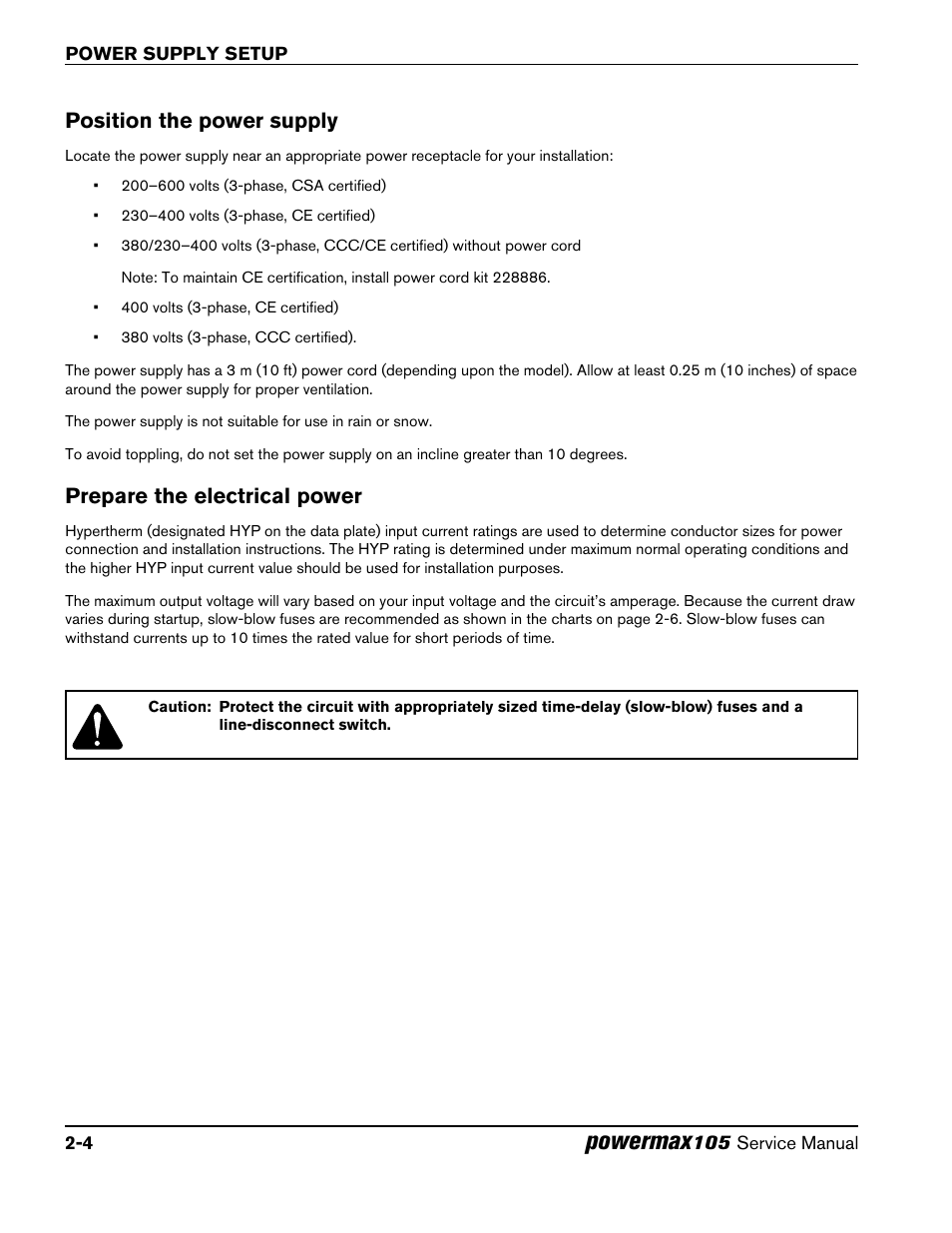 Position the power supply, Prepare the electrical power, Powermax | Hypertherm Powermax105 Service Manual User Manual | Page 34 / 343