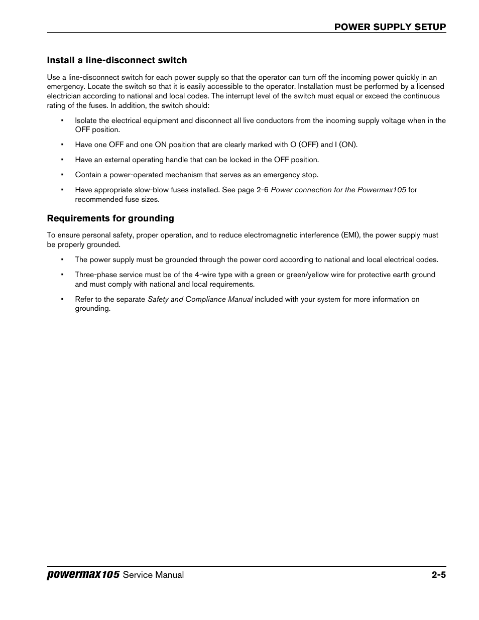 Install a line-disconnect switch, Requirements for grounding, Powermax | Hypertherm Powermax105 Service Manual User Manual | Page 35 / 343