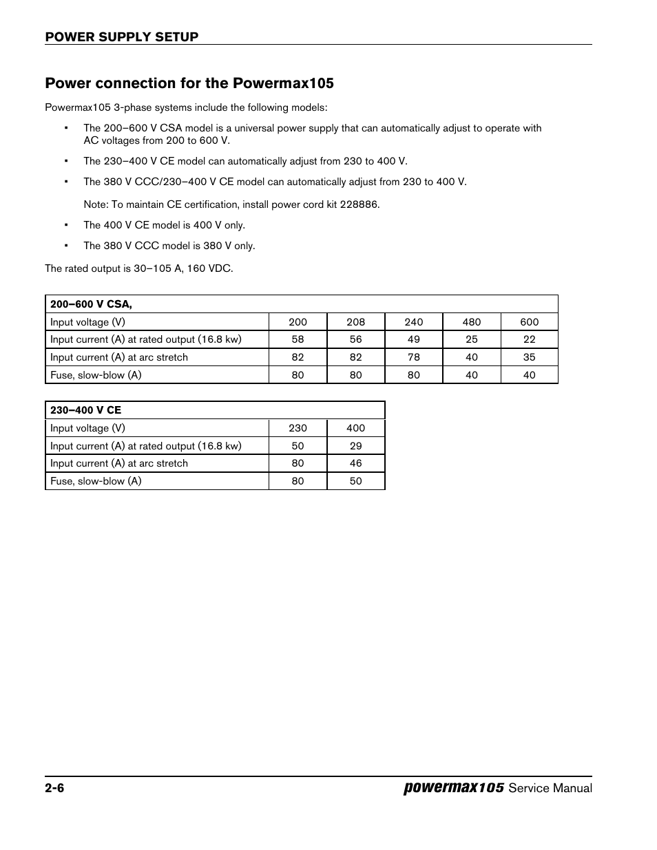 Power connection for the powermax105, Power connection for the powermax105 -6, Powermax | Hypertherm Powermax105 Service Manual User Manual | Page 36 / 343