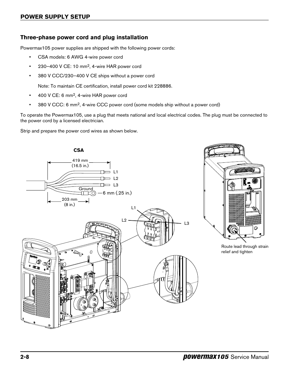 Three-phase power cord and plug installation, Three-phase power cord and plug installation -8, Powermax | Hypertherm Powermax105 Service Manual User Manual | Page 38 / 343