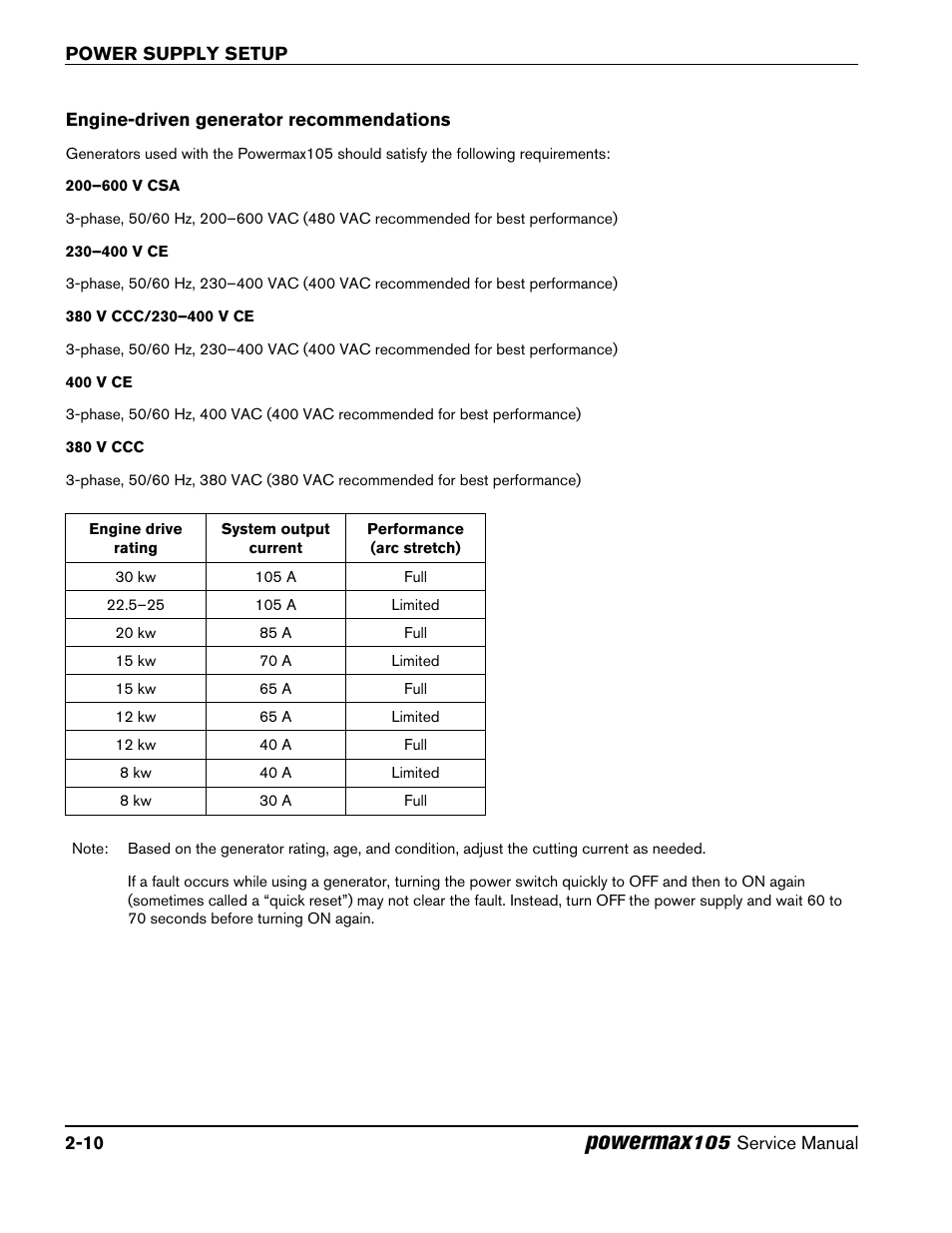 Engine-driven generator recommendations, Engine-driven generator recommendations -10, Powermax | Hypertherm Powermax105 Service Manual User Manual | Page 40 / 343