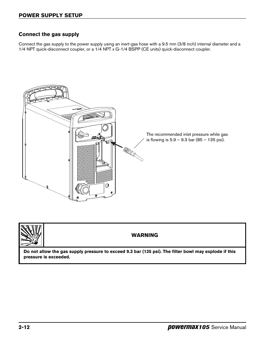 Connect the gas supply, Connect the gas supply -12, Powermax | Hypertherm Powermax105 Service Manual User Manual | Page 42 / 343