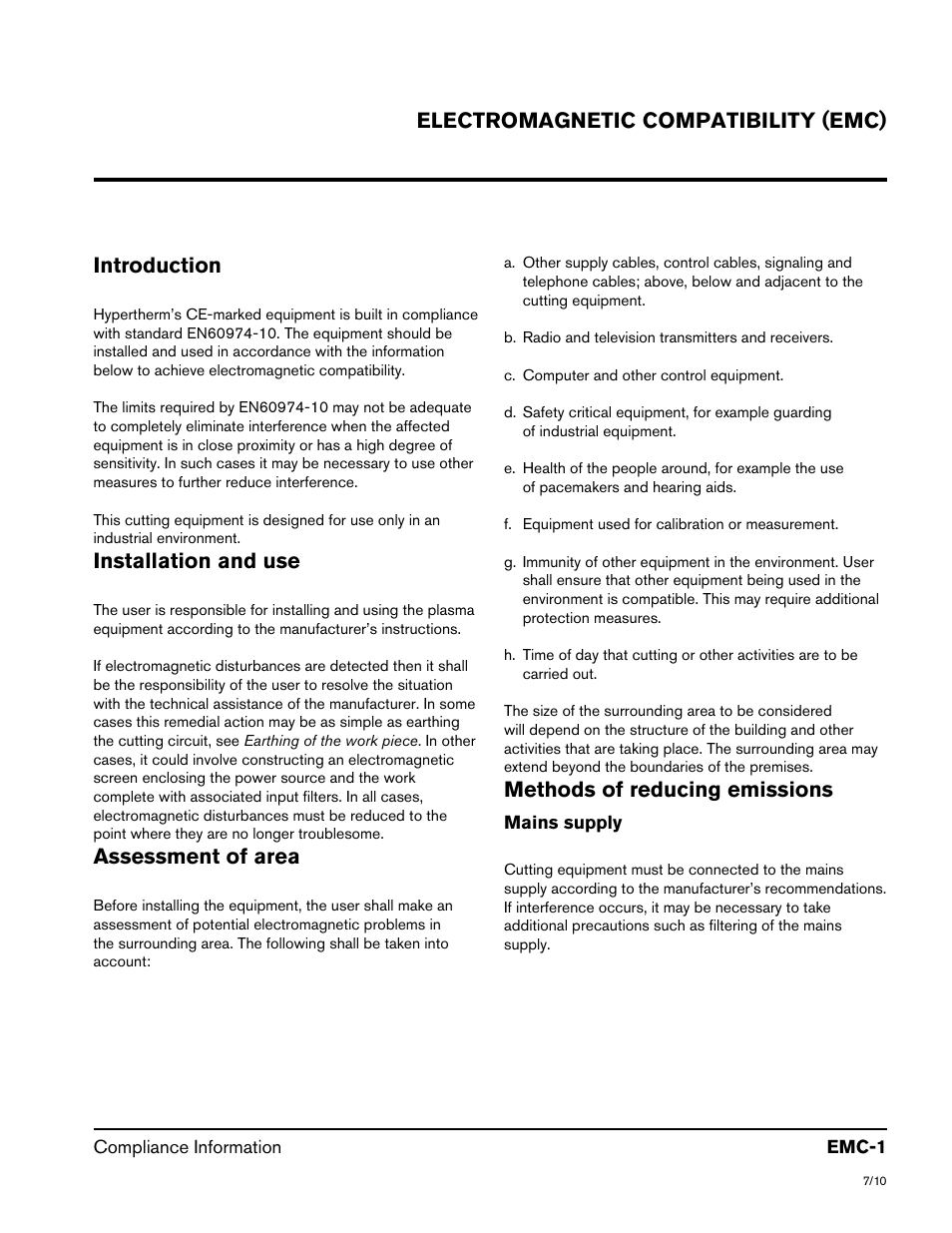 Electromagnetic compatibility (emc) introduction, Installation and use, Assessment of area | Methods of reducing emissions | Hypertherm Powermax105 Service Manual User Manual | Page 5 / 343