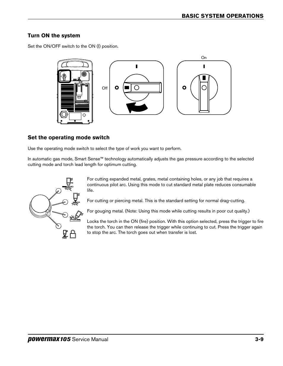 Turn on the system, Set the operating mode switch, Powermax | Hypertherm Powermax105 Service Manual User Manual | Page 53 / 343