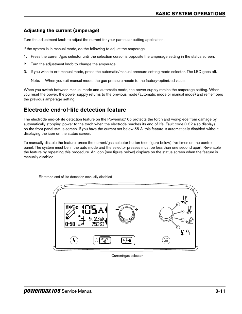 Adjusting the current (amperage), Electrode end-of-life detection feature, Adjusting the current (amperage) -11 | Electrode end-of-life detection feature -11, Powermax | Hypertherm Powermax105 Service Manual User Manual | Page 55 / 343