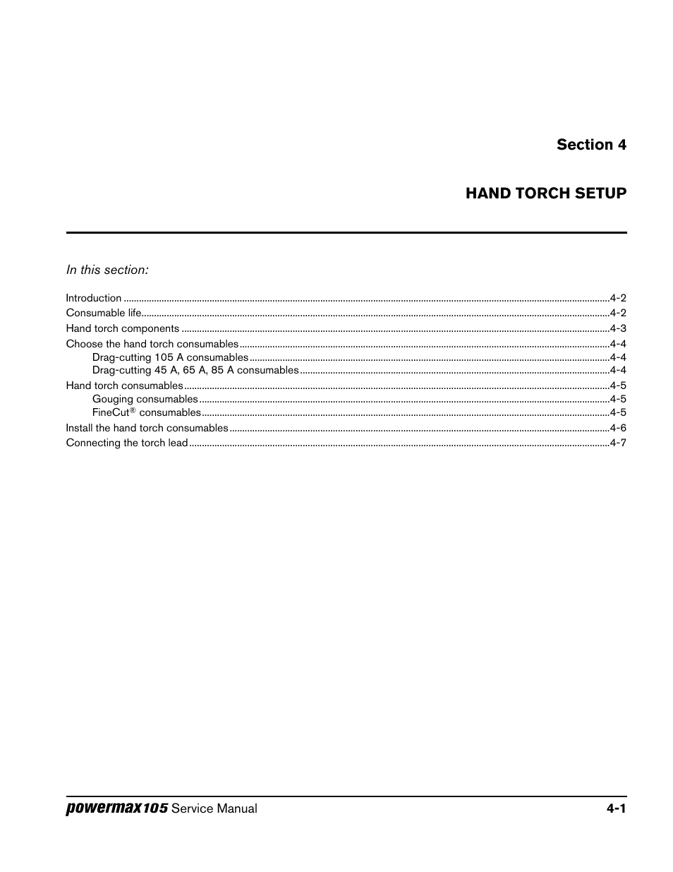 Section 4, Hand torch setup, Section 4 hand torch setup | Powermax | Hypertherm Powermax105 Service Manual User Manual | Page 57 / 343