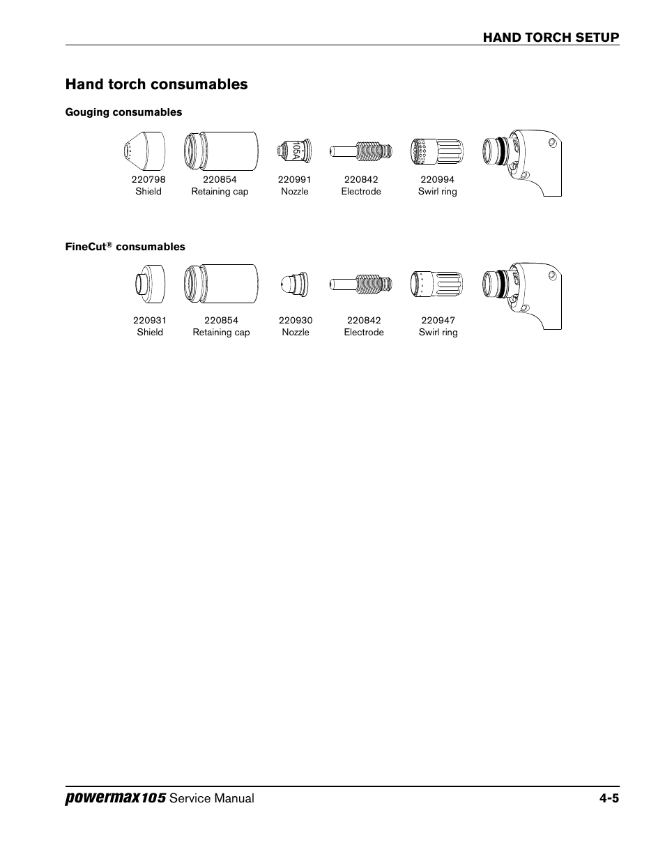 Hand torch consumables, Gouging consumables, Finecut® consumables | Hand torch consumables -5, Gouging consumables -5, Finecut, Consumables -5, Powermax | Hypertherm Powermax105 Service Manual User Manual | Page 61 / 343