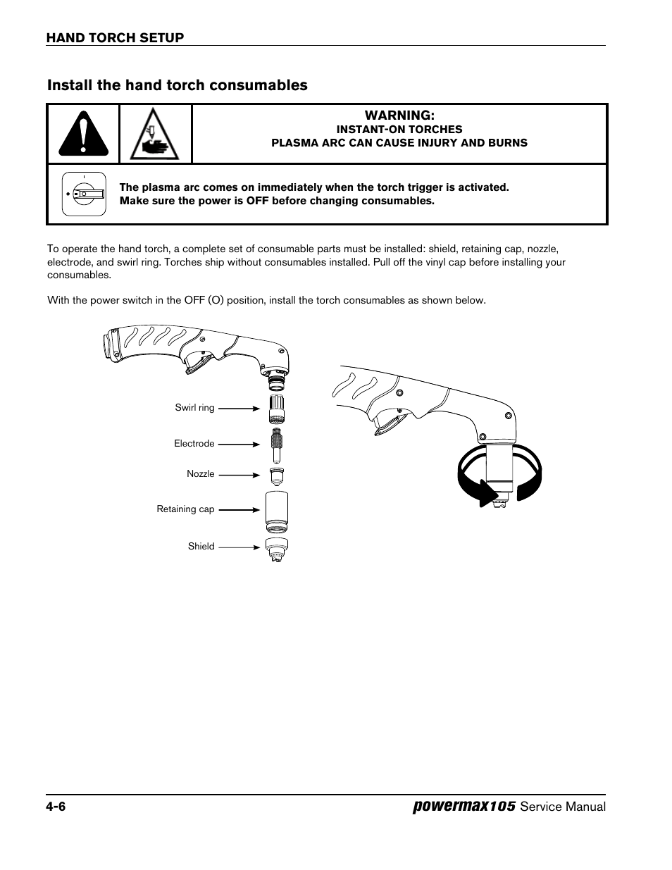 Install the hand torch consumables, Install the hand torch consumables -6, Powermax | Hypertherm Powermax105 Service Manual User Manual | Page 62 / 343