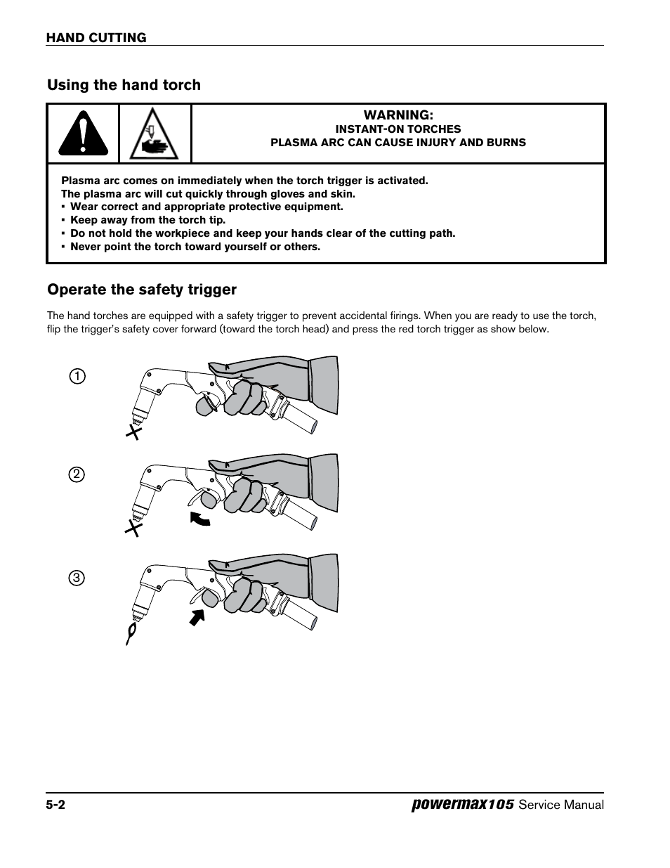 Using the hand torch, Operate the safety trigger, Powermax | Hypertherm Powermax105 Service Manual User Manual | Page 66 / 343