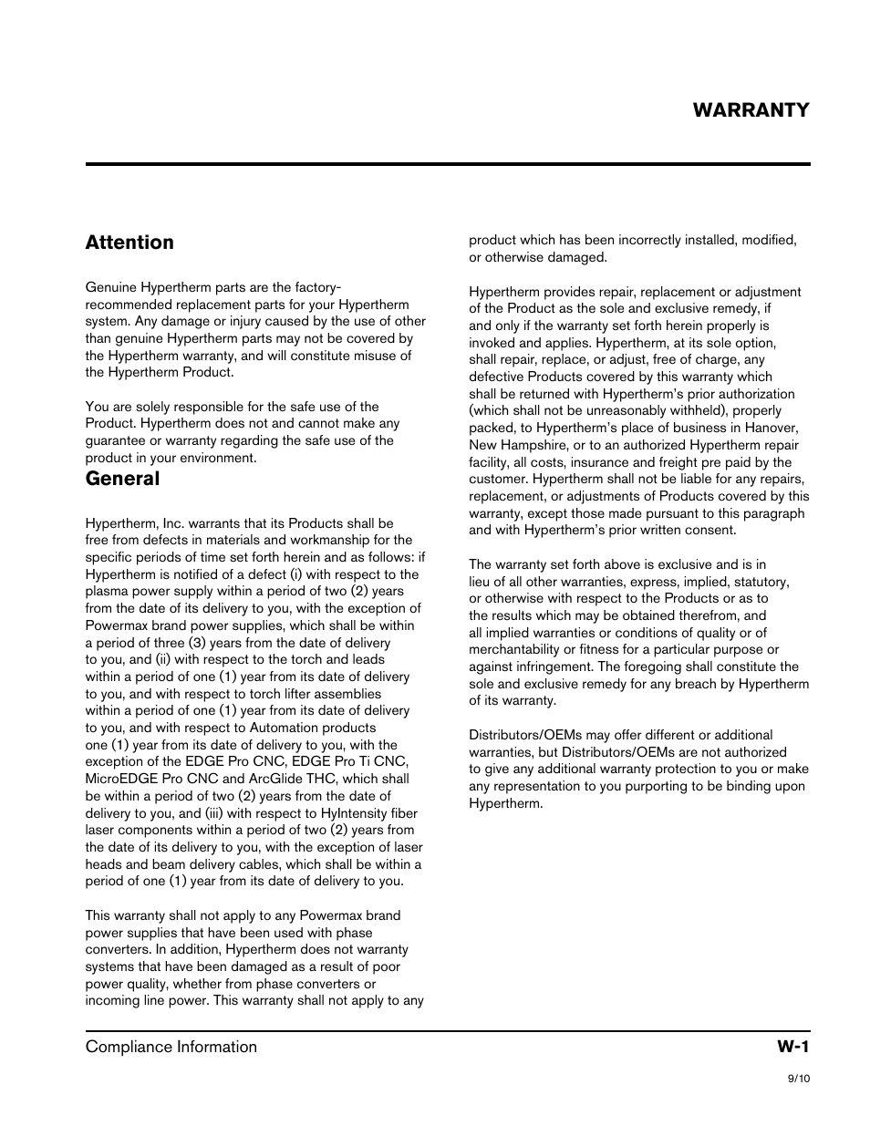 Attention, General, Warranty | Hypertherm Powermax105 Service Manual User Manual | Page 7 / 343