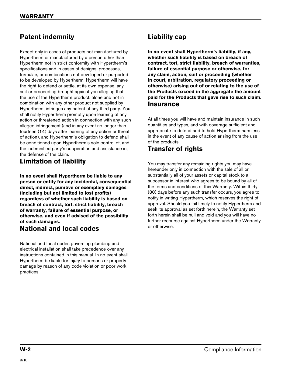 Patent indemnity, Limitation of liability, National and local codes | Liability cap, Insurance, Transfer of rights | Hypertherm Powermax105 Service Manual User Manual | Page 8 / 343