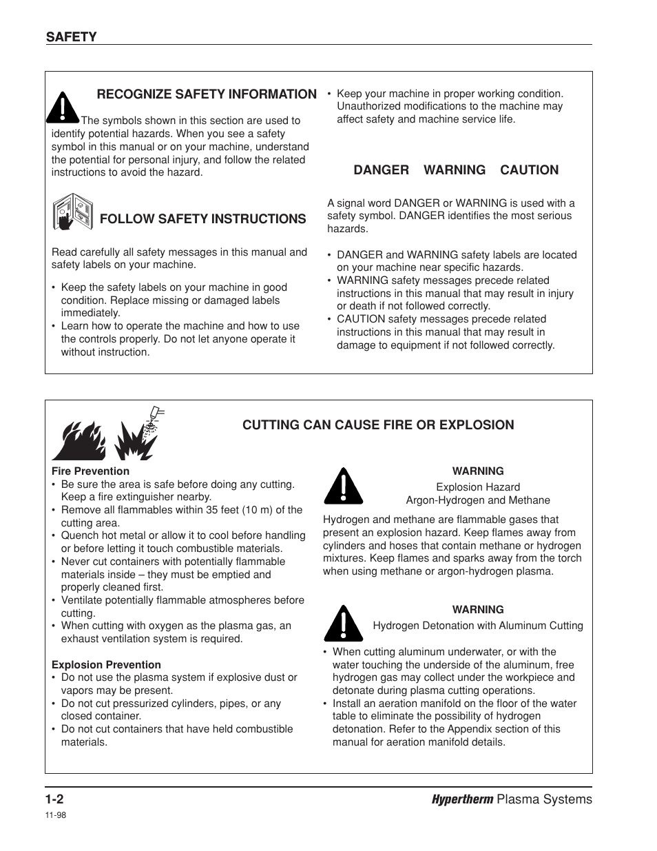 Recognize safety information, Follow safety instructions, Cutting can cause fire or explosion | Hypertherm Powermax1250 Service Manual User Manual | Page 11 / 98