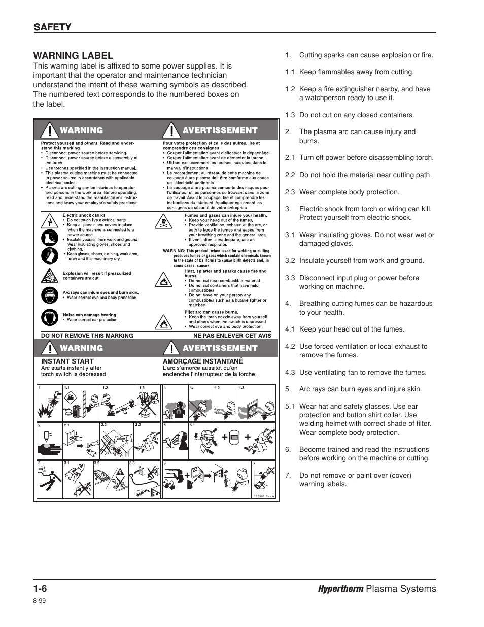 Warning label, Safety 1-6 hypertherm plasma systems, Safety warning label | Hypertherm Powermax1250 Service Manual User Manual | Page 15 / 98