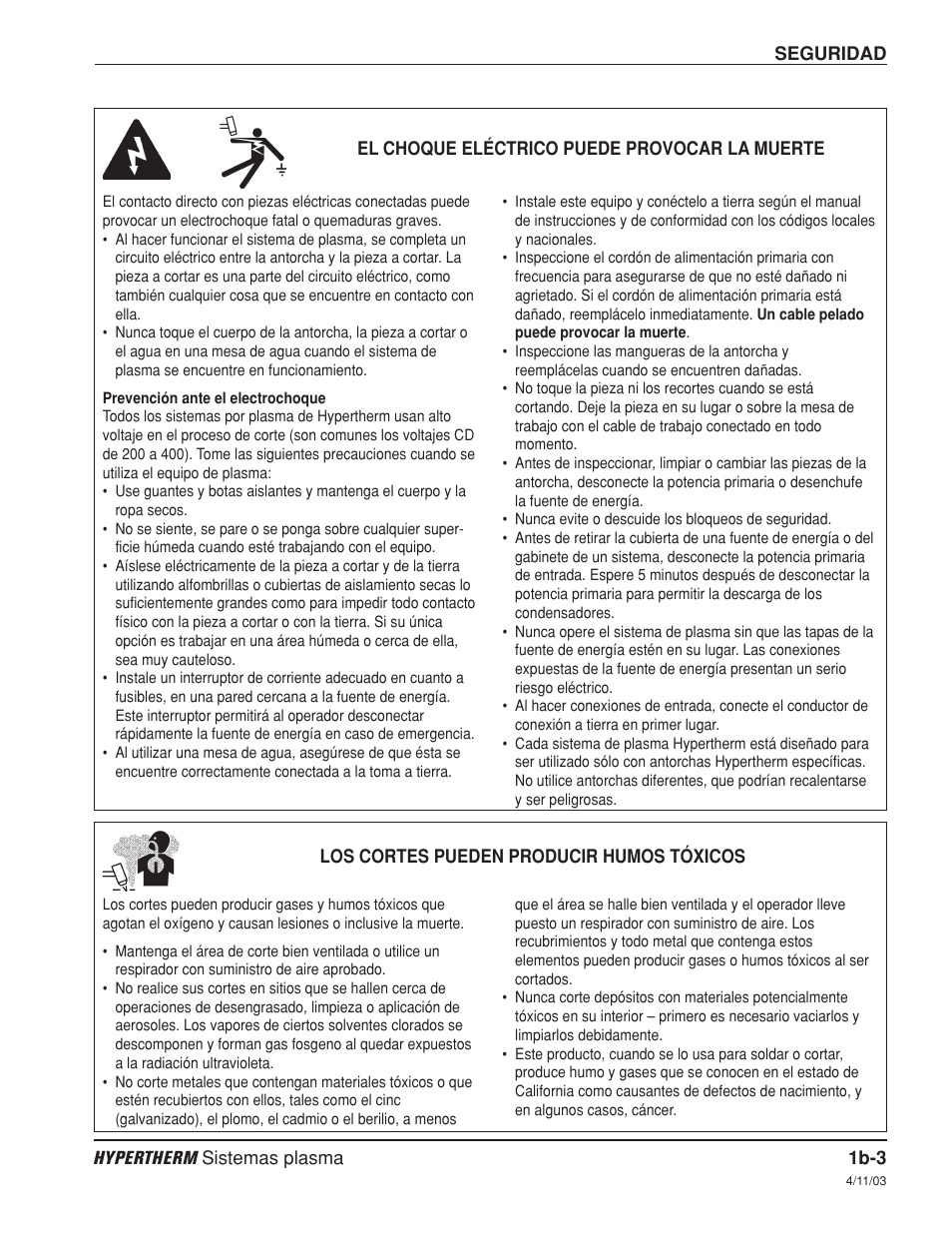 El choque eléctrico puede provocar la muerte, Los cortes pueden producir humos tóxicos | Hypertherm Powermax1250 Service Manual User Manual | Page 24 / 98