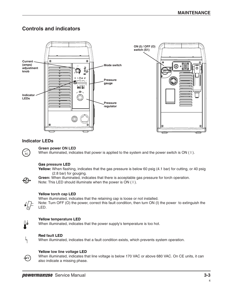 Controls and indicators, Indicator leds, Powermax1250 | Indicator leds maintenance, Service manual 3-3 | Hypertherm Powermax1250 Service Manual User Manual | Page 36 / 98