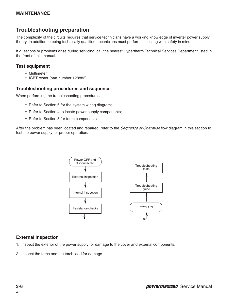 Troubleshooting preparation, Test equipment, Troubleshooting procedures and sequence | External inspection, Powermax1250 | Hypertherm Powermax1250 Service Manual User Manual | Page 39 / 98