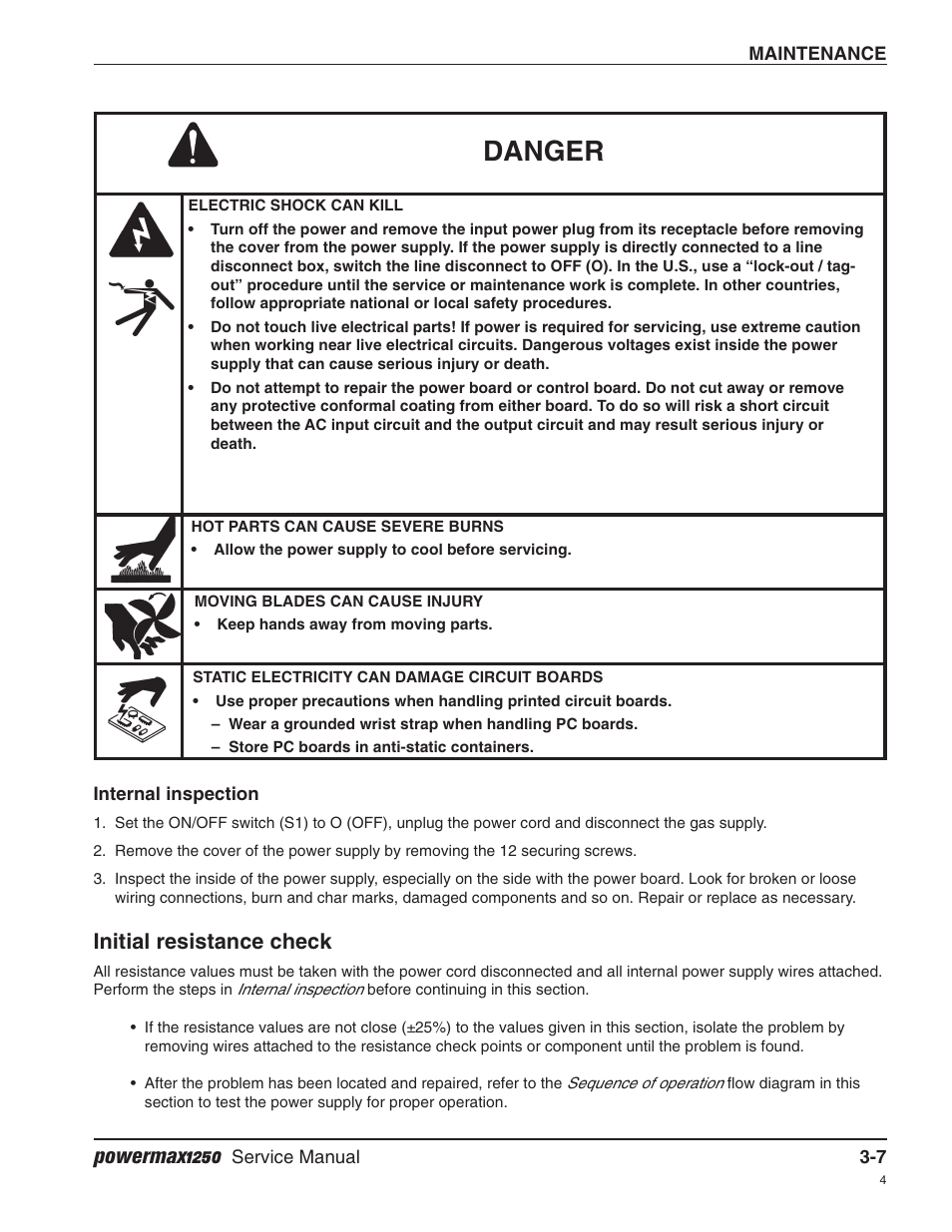 Internal inspection, Initial resistance check, Danger | Powermax1250 | Hypertherm Powermax1250 Service Manual User Manual | Page 40 / 98