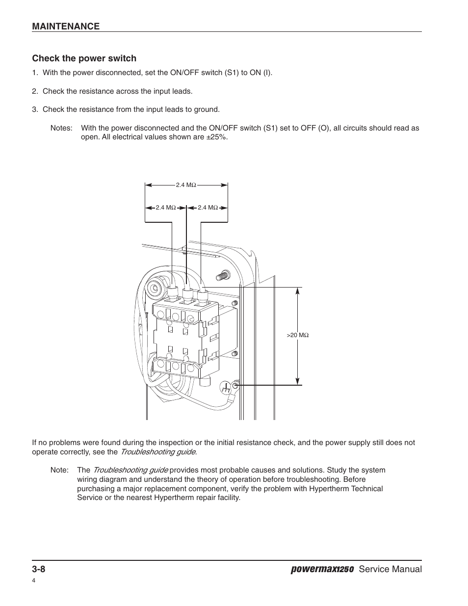 Check the power switch, Powermax1250 | Hypertherm Powermax1250 Service Manual User Manual | Page 41 / 98