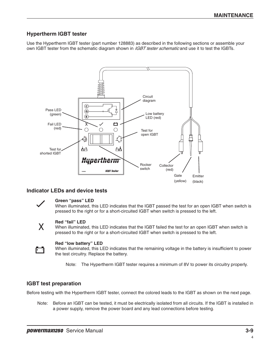 Hypertherm igbt tester, Indicator leds and device tests, Igbt test preparation | Powermax1250, Maintenance, Service manual 3-9 hypertherm igbt tester | Hypertherm Powermax1250 Service Manual User Manual | Page 42 / 98