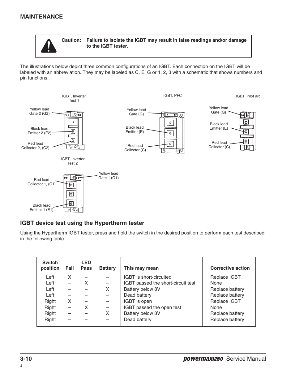 Igbt device test using the hypertherm tester, Powermax1250, Maintenance 3-10 | Service manual | Hypertherm Powermax1250 Service Manual User Manual | Page 43 / 98