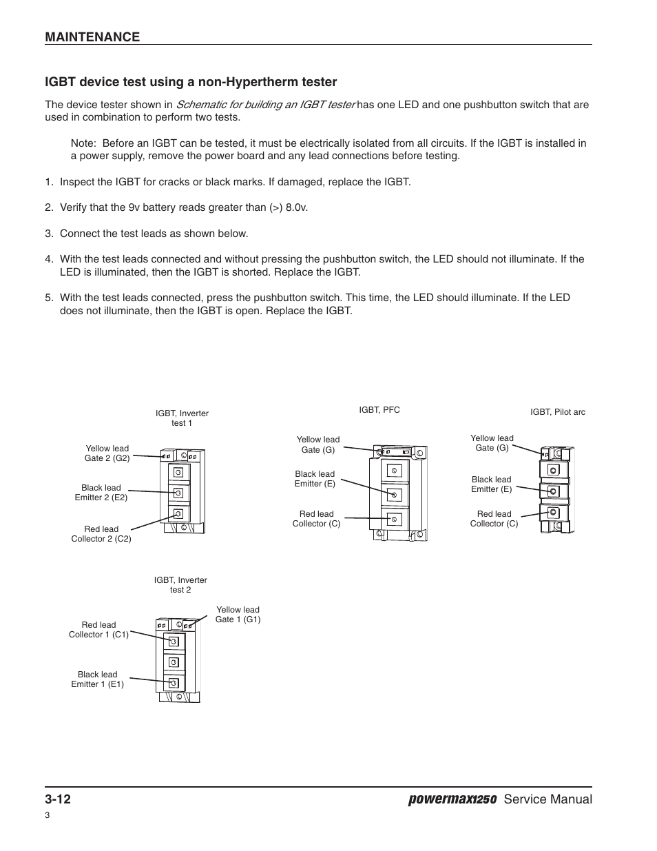 Igbt device test using a non-hypertherm tester, Powermax1250, Maintenance 3-12 | Service manual | Hypertherm Powermax1250 Service Manual User Manual | Page 45 / 98