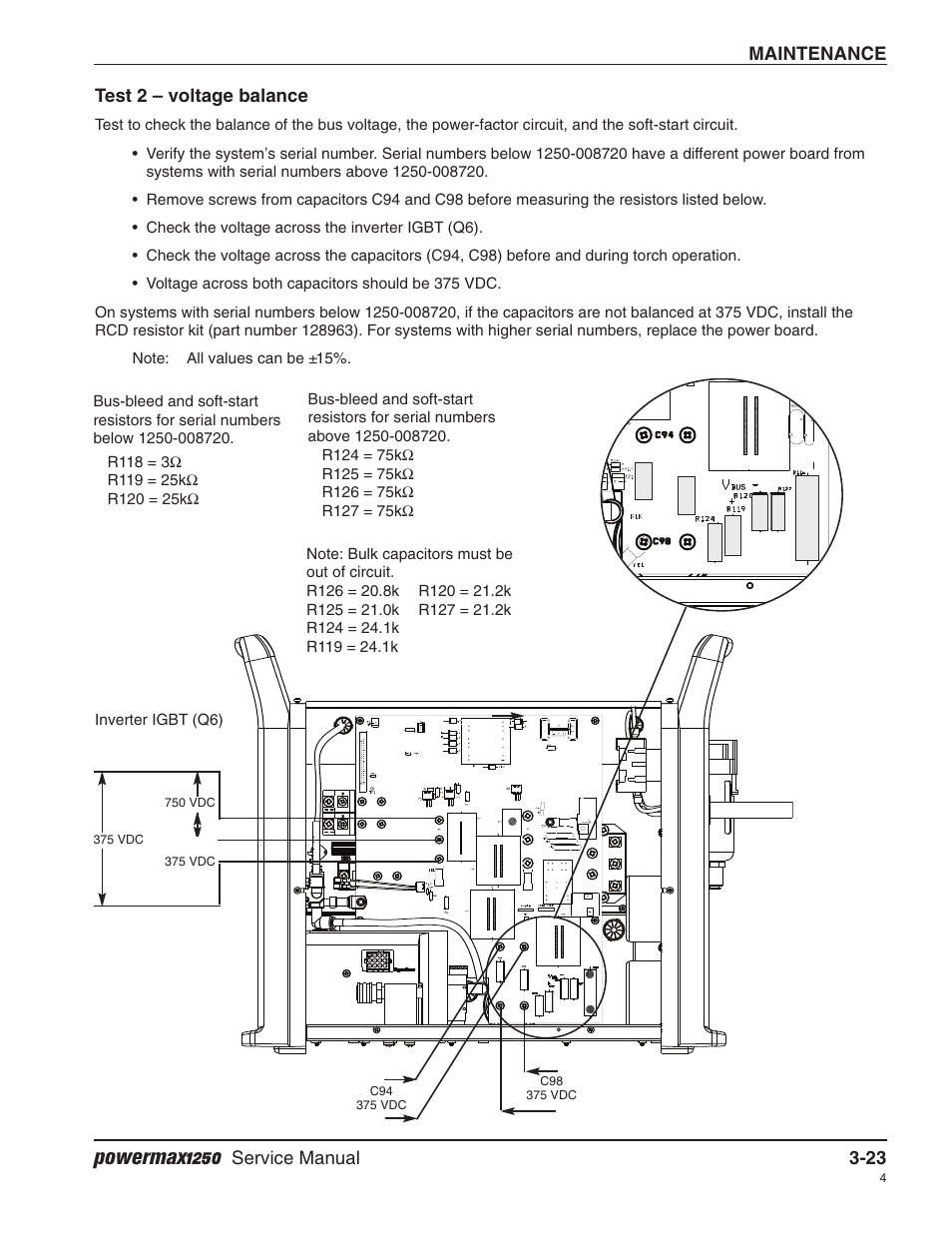 Test 2 – voltage balance, Powermax1250 | Hypertherm Powermax1250 Service Manual User Manual | Page 56 / 98