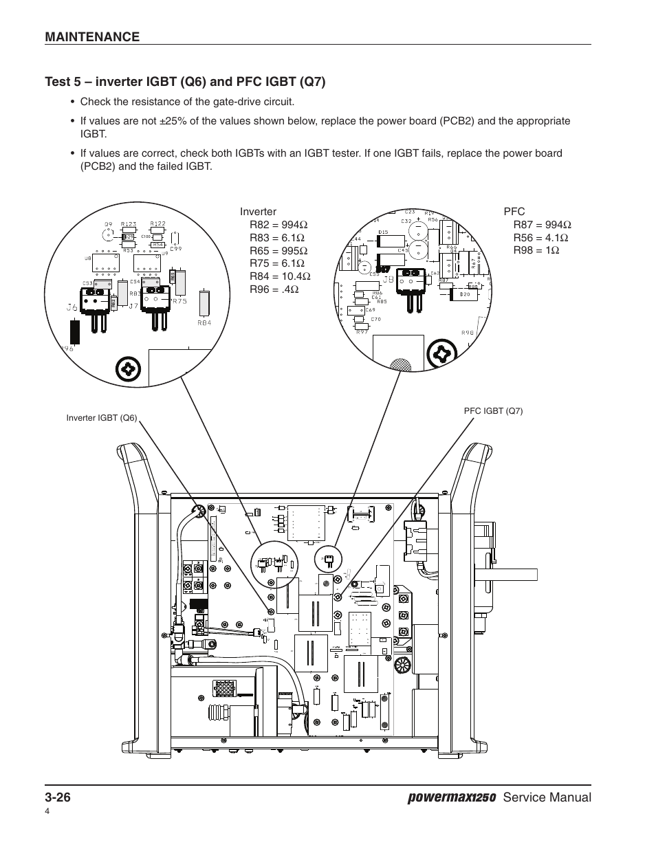 Test 5 – inverter igbt (q6) and pfc igbt (q7), Powermax1250, Maintenance 3-26 | Service manual | Hypertherm Powermax1250 Service Manual User Manual | Page 59 / 98