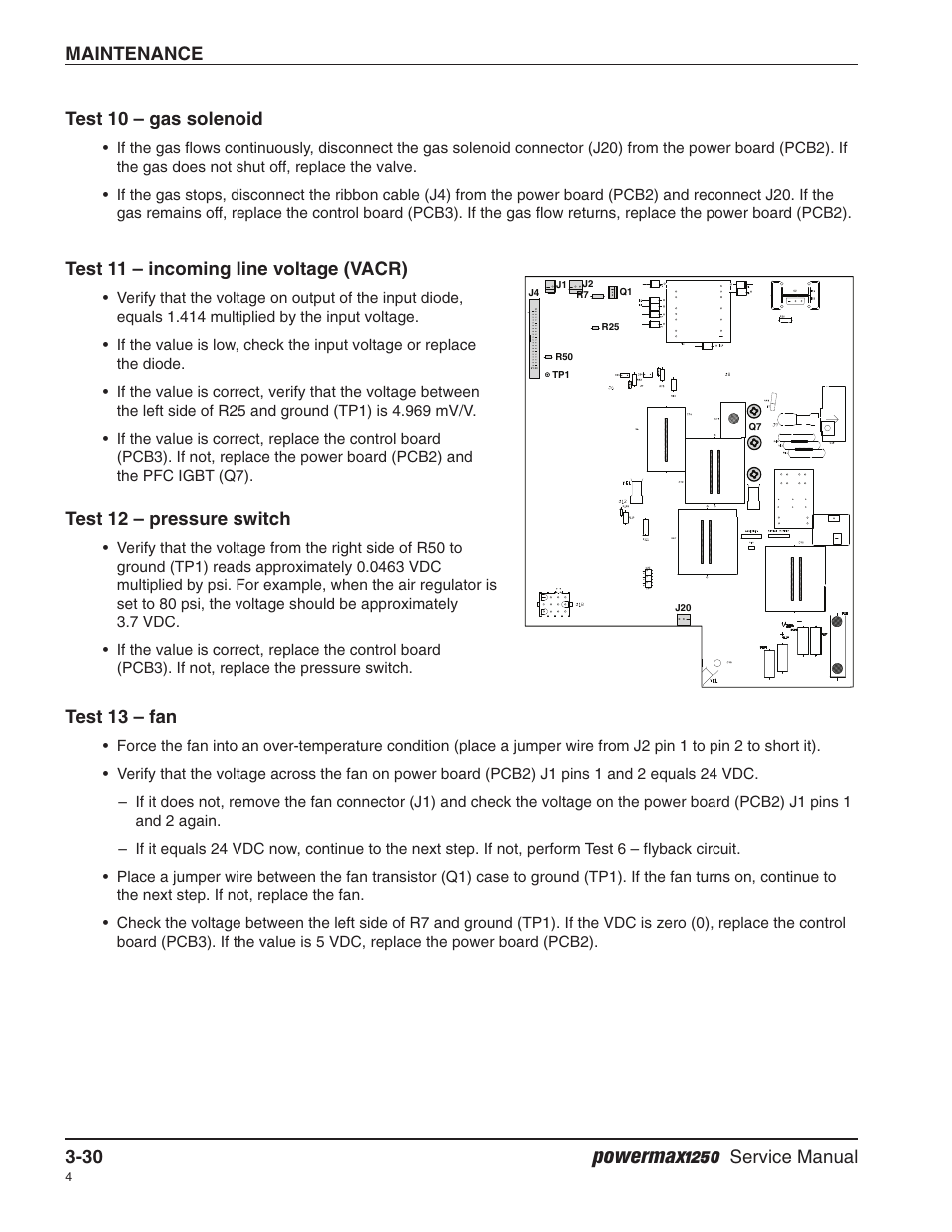 Test 10 – gas solenoid, Test 11 – incoming line voltage (vacr), Test 12 – pressure switch | Test 13 – fan, Powermax1250, Maintenance 3-30, Service manual | Hypertherm Powermax1250 Service Manual User Manual | Page 63 / 98