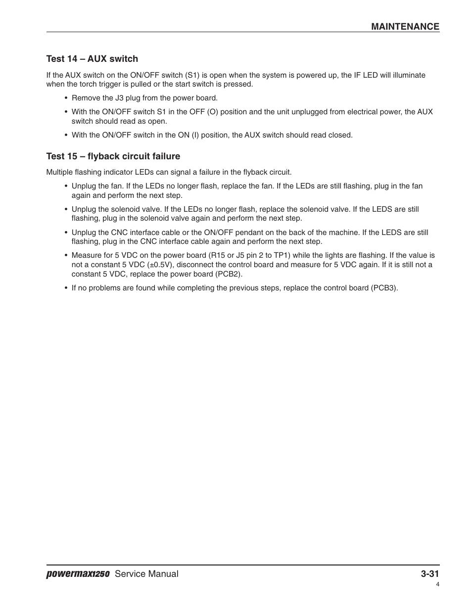 Test 14 – aux switch, Test 15 – flyback circuit failure, Powermax1250 | Hypertherm Powermax1250 Service Manual User Manual | Page 64 / 98