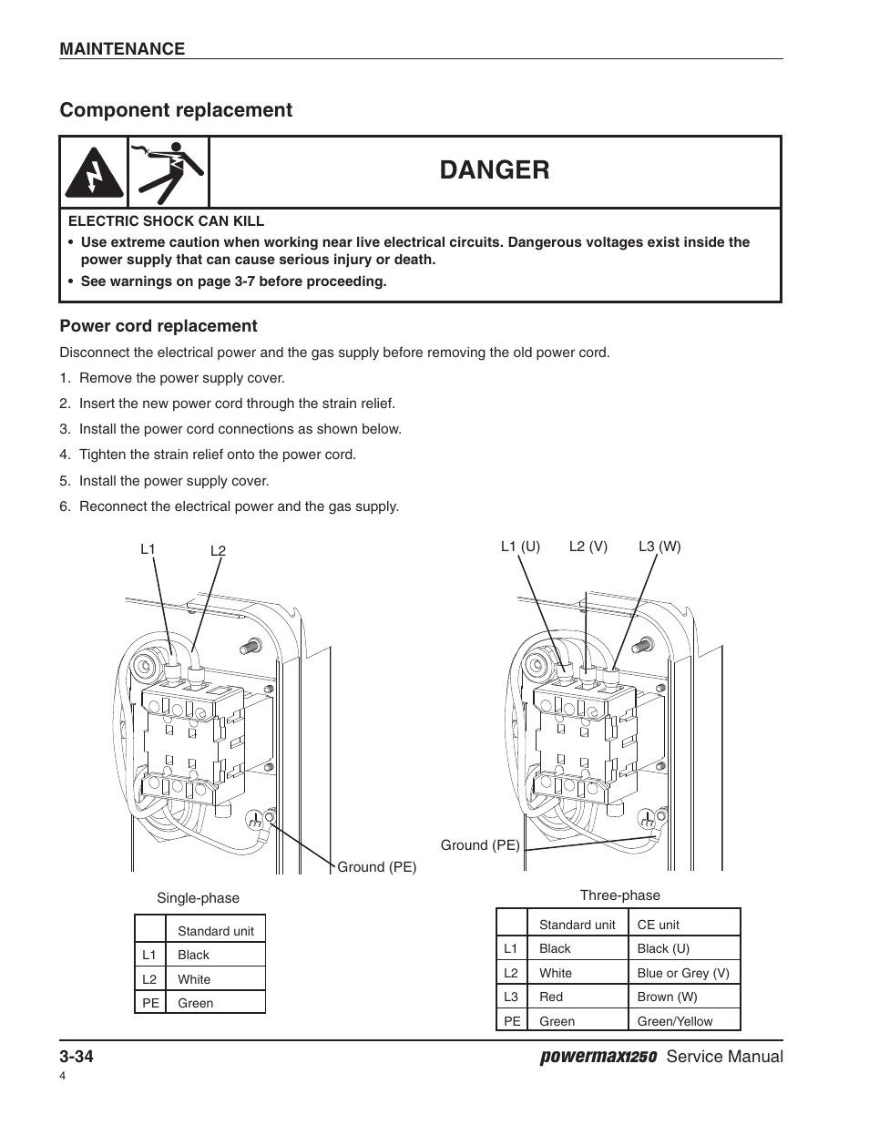 Component replacement, Power cord replacement, Danger | Powermax1250 | Hypertherm Powermax1250 Service Manual User Manual | Page 67 / 98