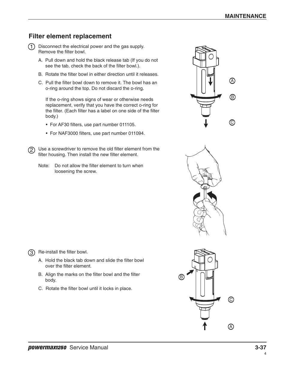 Filter element replacement, Powermax1250 | Hypertherm Powermax1250 Service Manual User Manual | Page 70 / 98