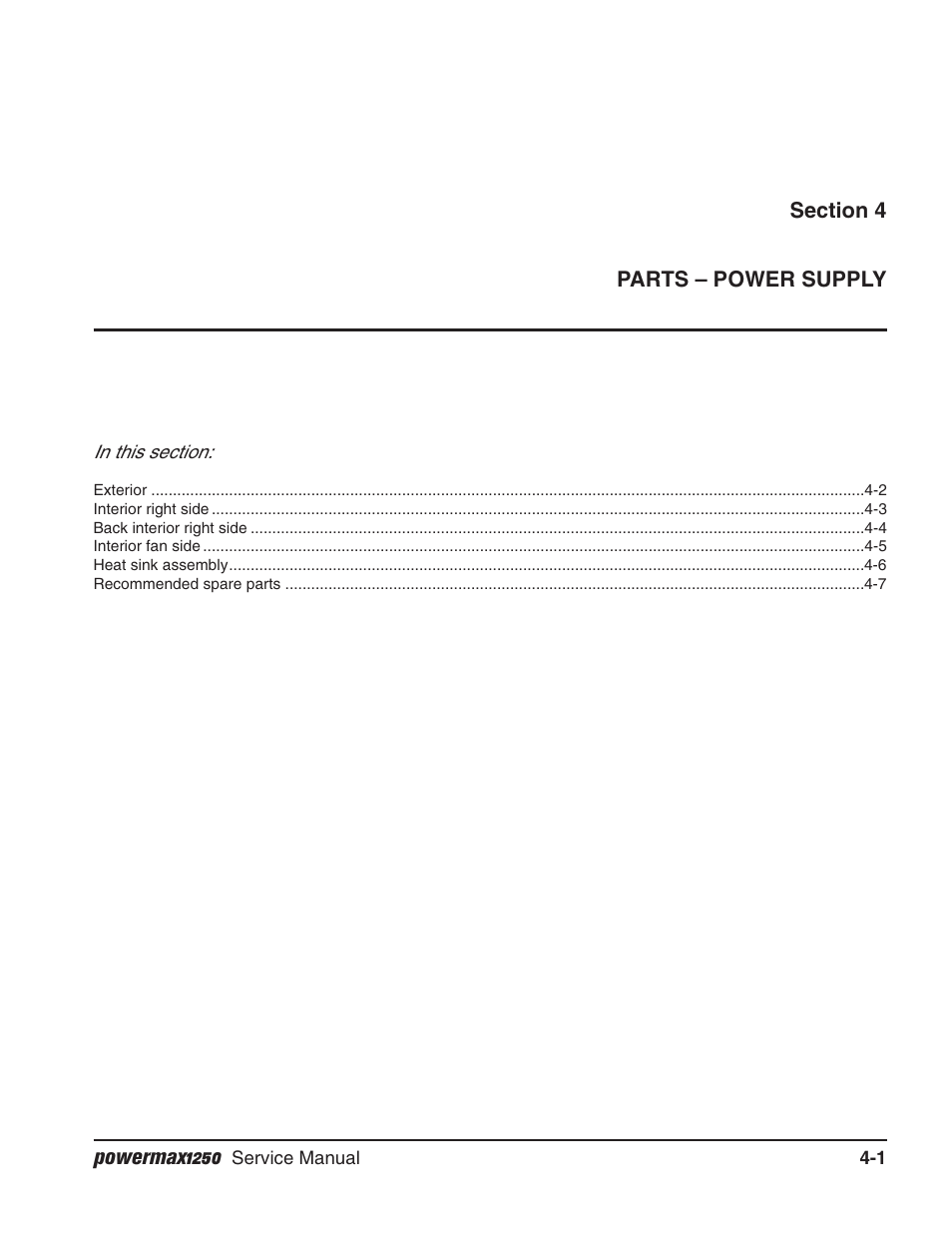 Section 4 parts – power supply | Hypertherm Powermax1250 Service Manual User Manual | Page 78 / 98