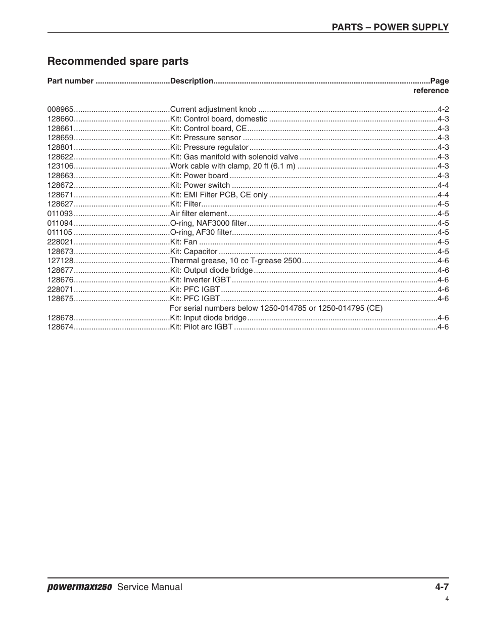 Recommended spare parts, Powermax1250 | Hypertherm Powermax1250 Service Manual User Manual | Page 84 / 98