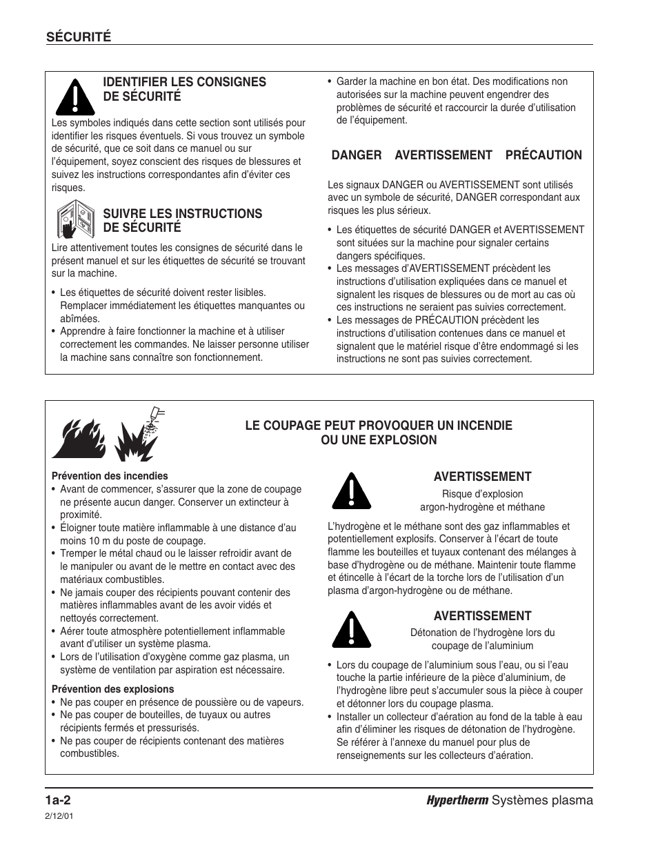 Identifier les consignes de sécurité a-2, Suivre les instructions de sécurité a-2, Danger avertissement précaution a-2 | Risque d’explosion argon-hydrogène et méthane a-2 | Hypertherm Powermax1650 Service Manual User Manual | Page 15 / 73