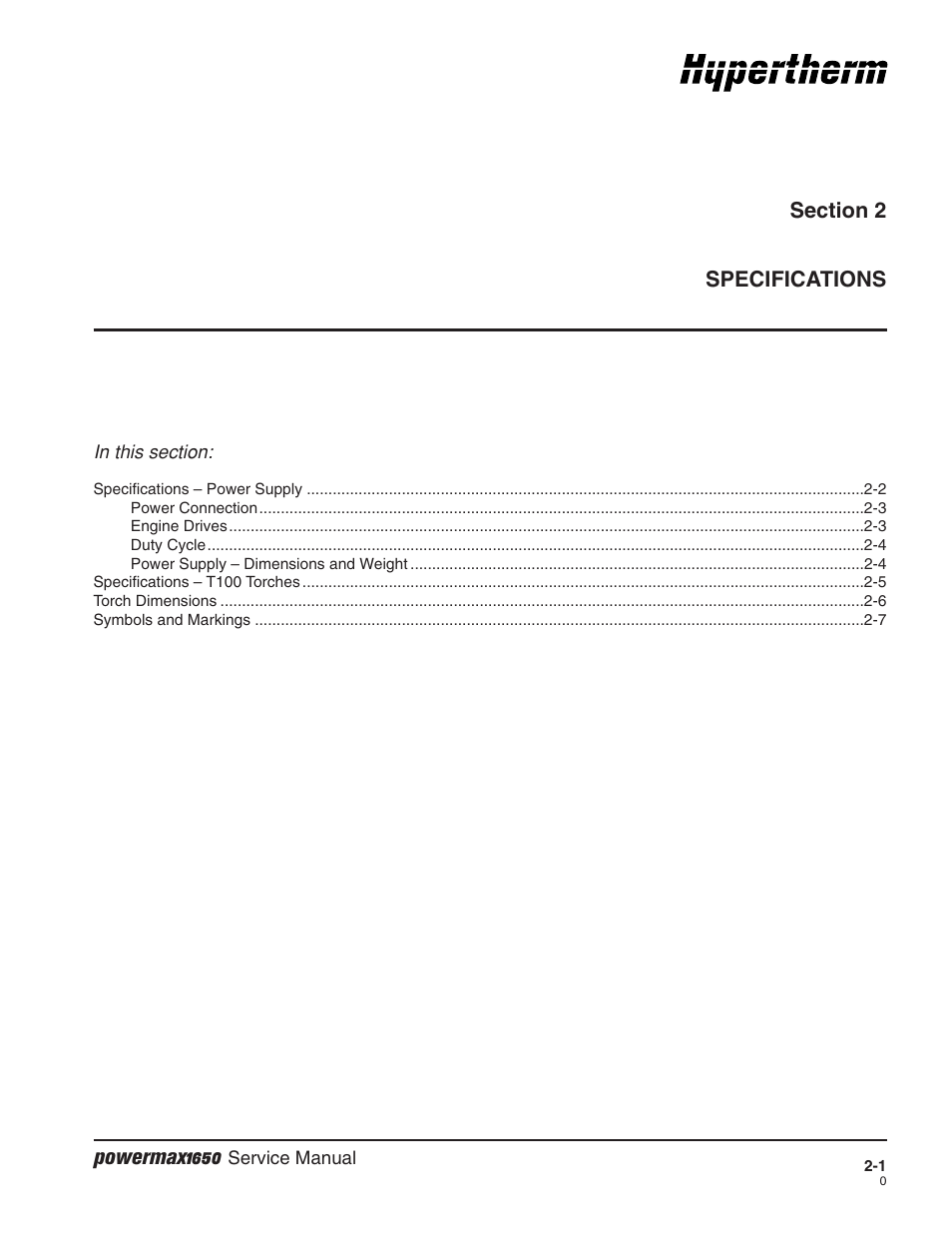 Section 2 specifications, Section 2, Specifications | Hypertherm Powermax1650 Service Manual User Manual | Page 20 / 73