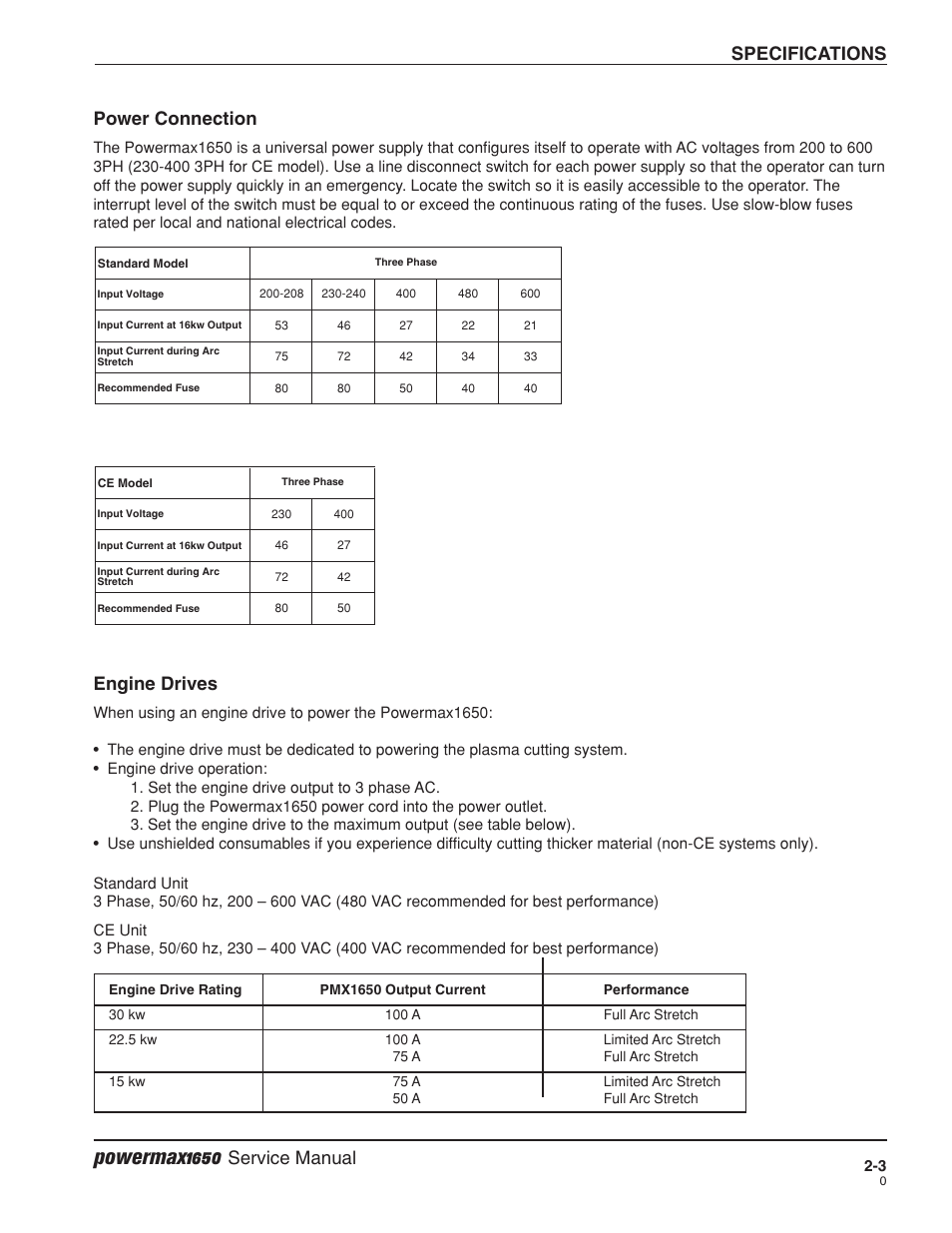 Power connection -3 engine drives -3, Powermax1650, Specifications | Service manual, Power connection, Engine drives | Hypertherm Powermax1650 Service Manual User Manual | Page 22 / 73