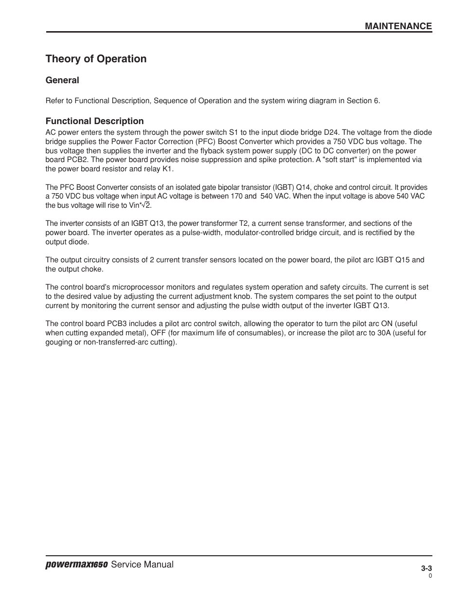 Theory of operation -3, General -3, Functional description -3 | General -3 functional description -3 | Hypertherm Powermax1650 Service Manual User Manual | Page 30 / 73