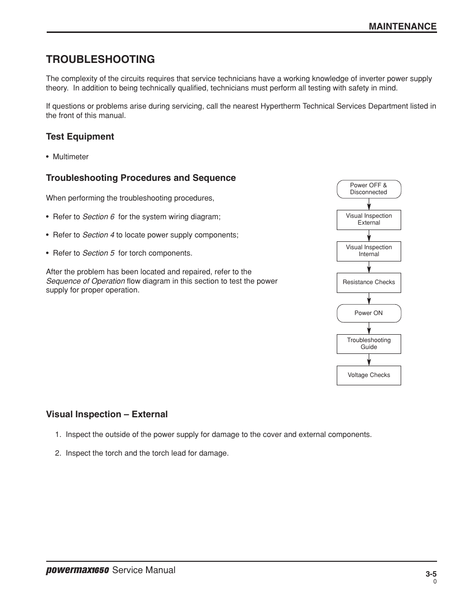 Troubleshooting -5, Test equipment -5, Troubleshooting procedures and sequence -5 | Visual inspection – external -5, Powermax1650, Troubleshooting | Hypertherm Powermax1650 Service Manual User Manual | Page 32 / 73