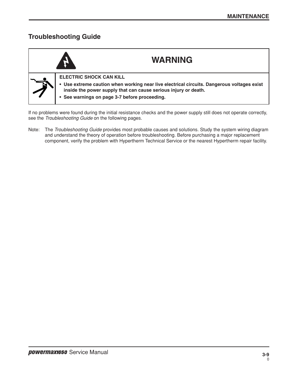 Troubleshooting guide -9, Warning | Hypertherm Powermax1650 Service Manual User Manual | Page 36 / 73