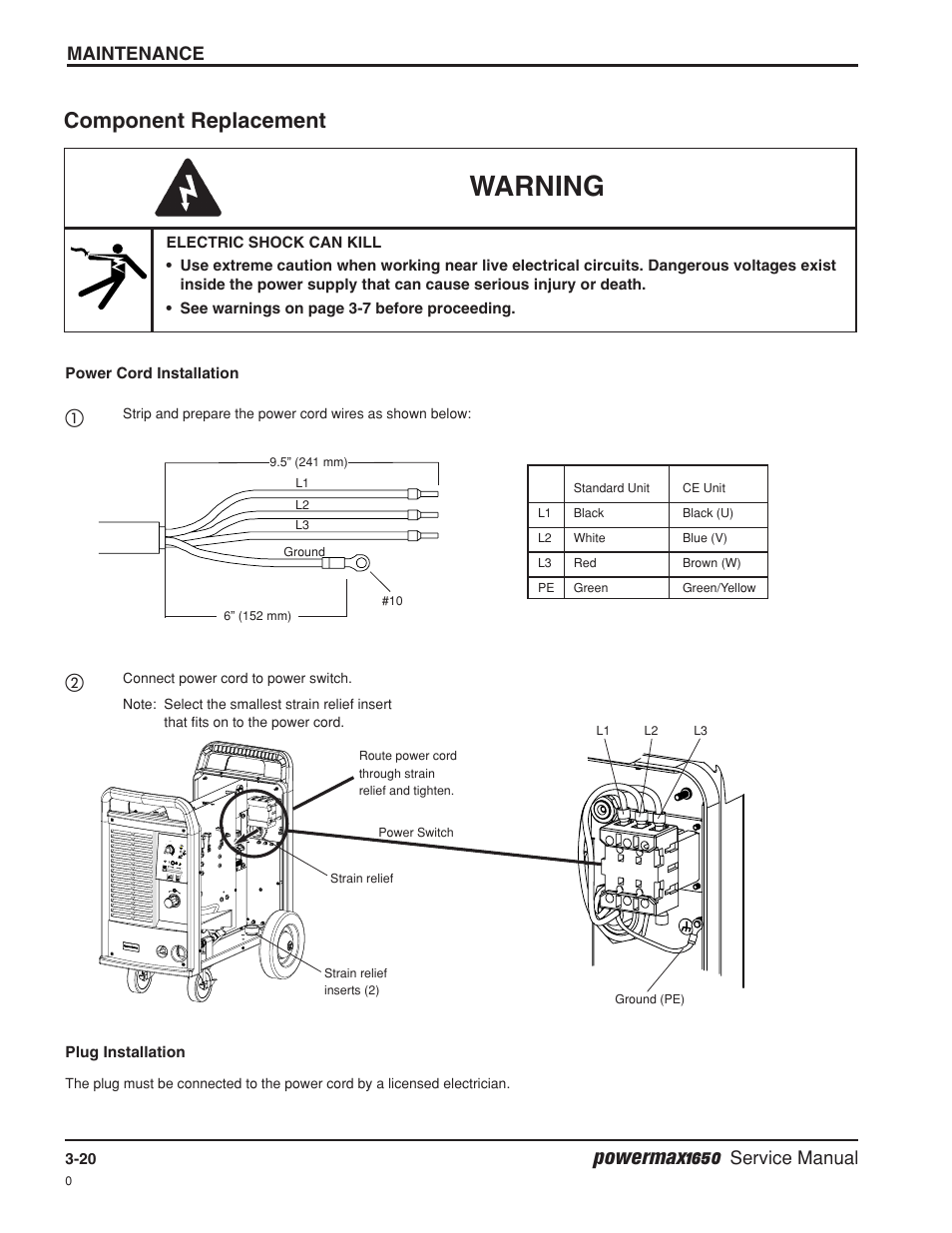 Component replacement -20, Power cord replacement -20, Warning | Powermax1650, Component replacement | Hypertherm Powermax1650 Service Manual User Manual | Page 47 / 73