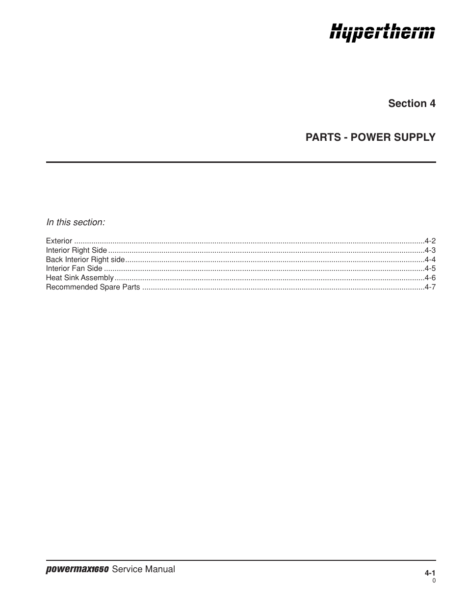 Section 4 parts – power supply, Section 4, Parts – power supply | Hypertherm Powermax1650 Service Manual User Manual | Page 54 / 73