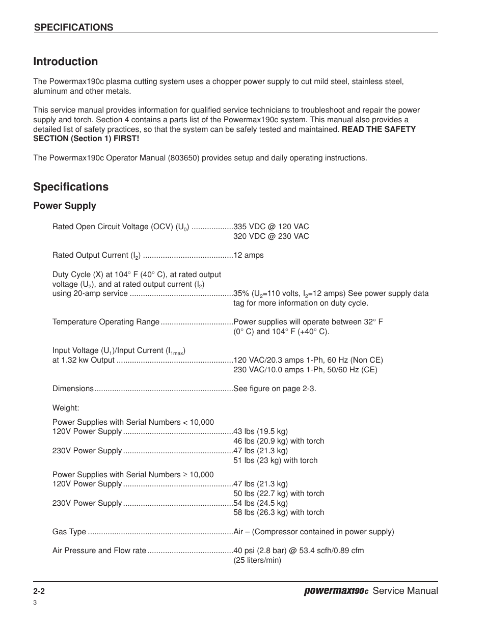 Powermax190, Introduction, Specifications | Hypertherm Powermax190c Service Manual User Manual | Page 21 / 47