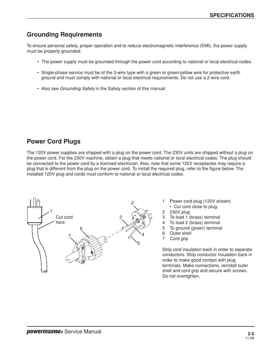 Powermax190, Grounding requirements, Power cord plugs | Hypertherm Powermax190c Service Manual User Manual | Page 24 / 47