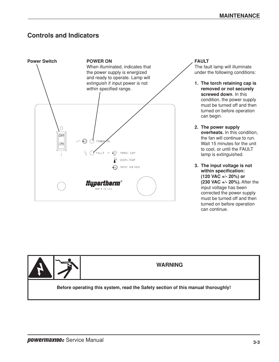 Powermax190, Controls and indicators | Hypertherm Powermax190c Service Manual User Manual | Page 28 / 47