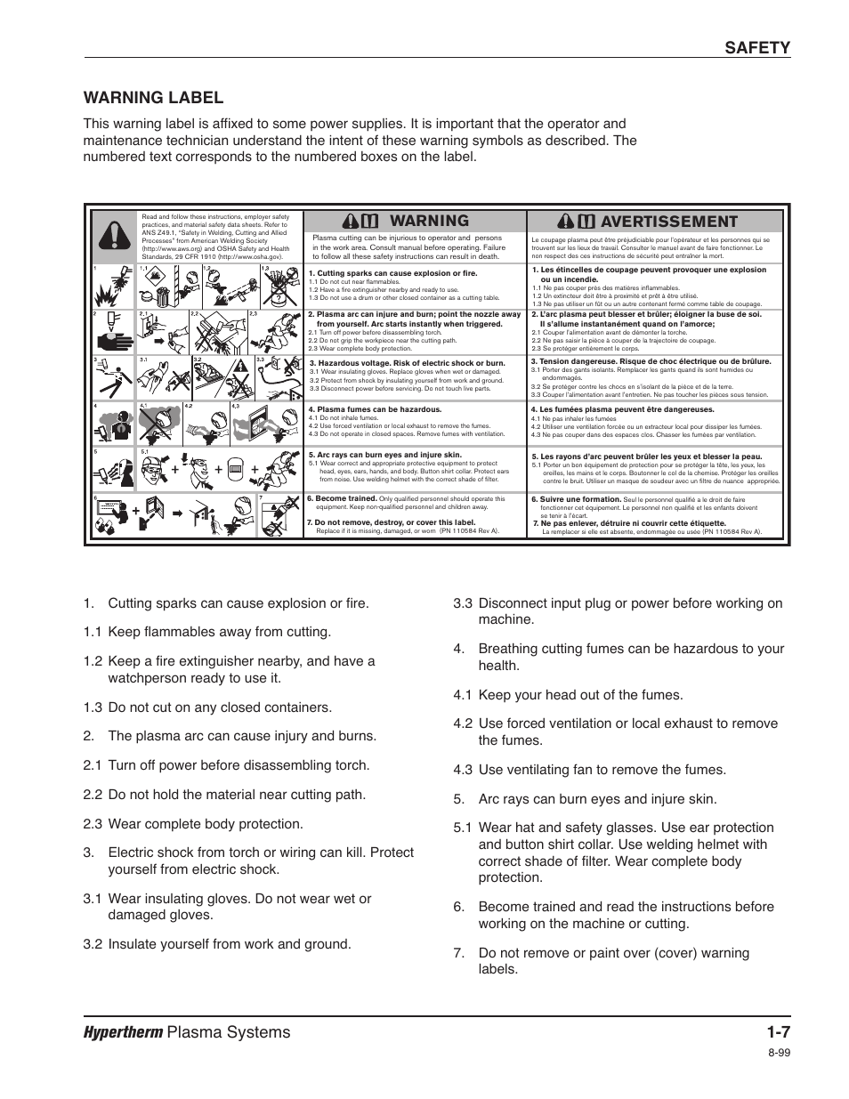 Hypertherm plasma systems 1-7, Safety warning label, Warning | Avertissement | Hypertherm Powermax30 Service Manual User Manual | Page 18 / 88