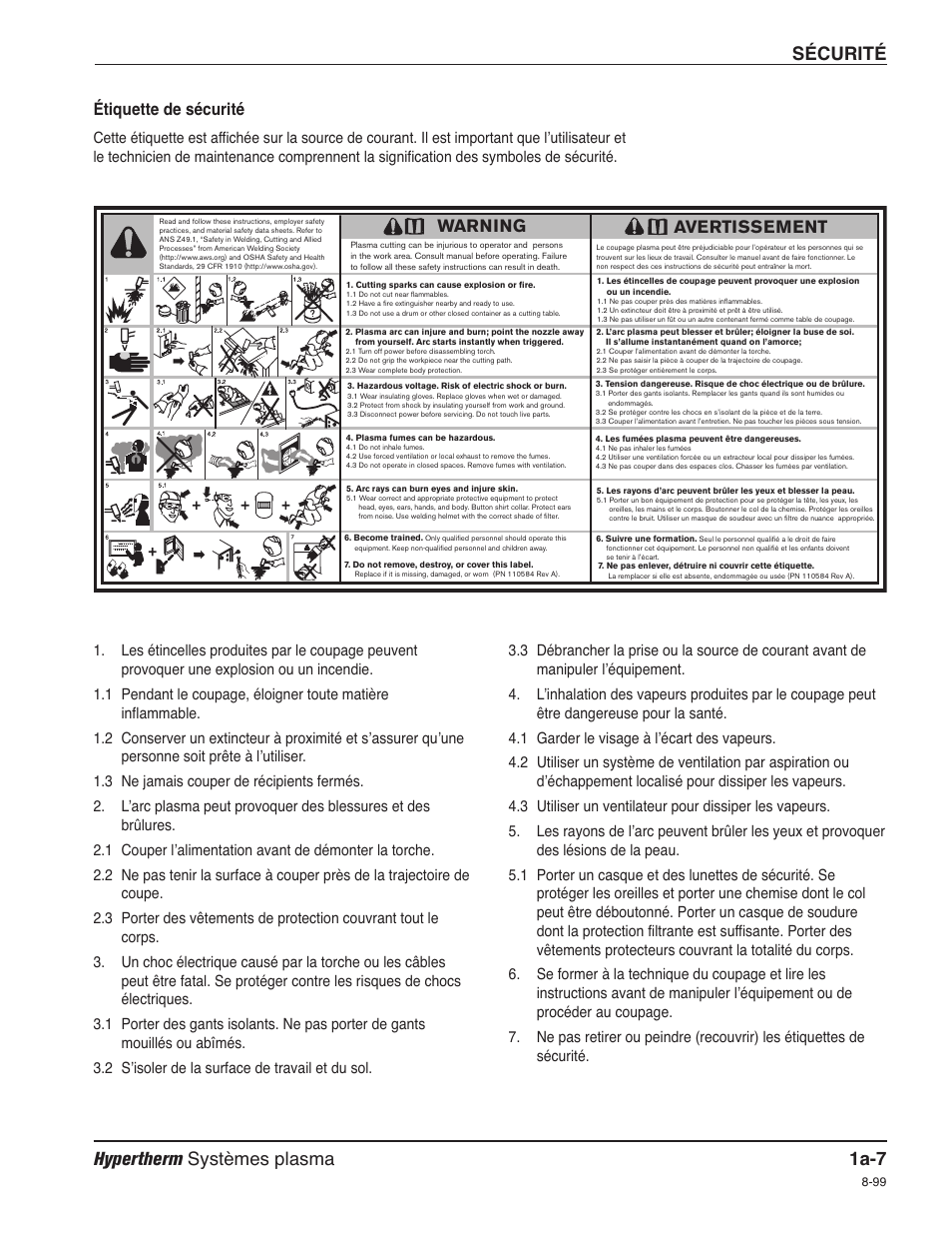 Hypertherm systèmes plasma 1a-7 sécurité, Étiquette de sécurité, Warning | Avertissement | Hypertherm Powermax30 Service Manual User Manual | Page 26 / 88