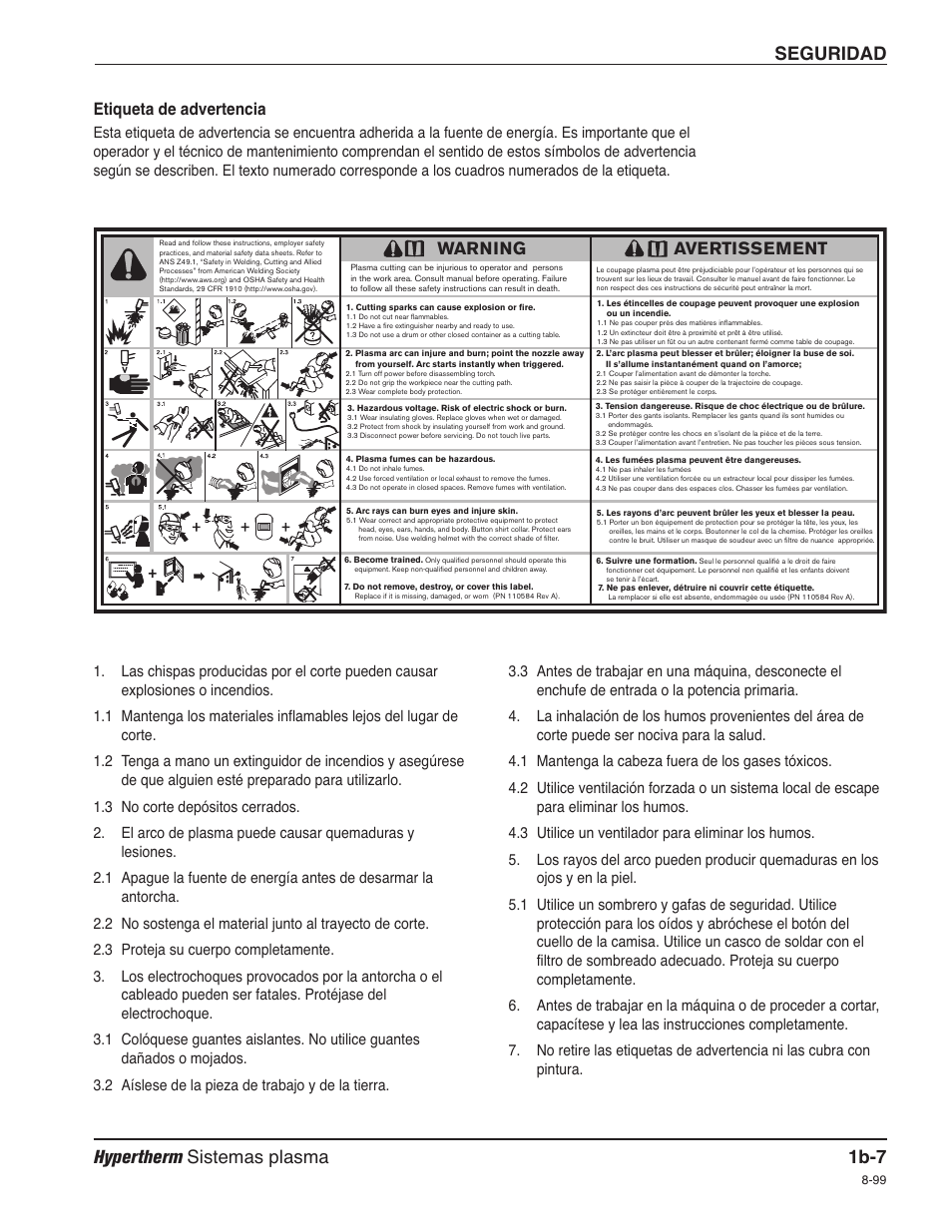 Seguridad hypertherm sistemas plasma 1b-7, Etiqueta de advertencia, Warning | Avertissement | Hypertherm Powermax30 Service Manual User Manual | Page 34 / 88