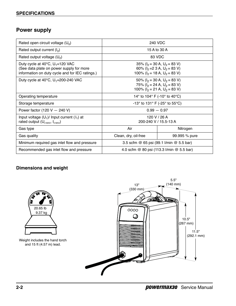 Power supply, Dimensions and weight, Powermax30 | Specifications 2-2, Service manual | Hypertherm Powermax30 Service Manual User Manual | Page 37 / 88