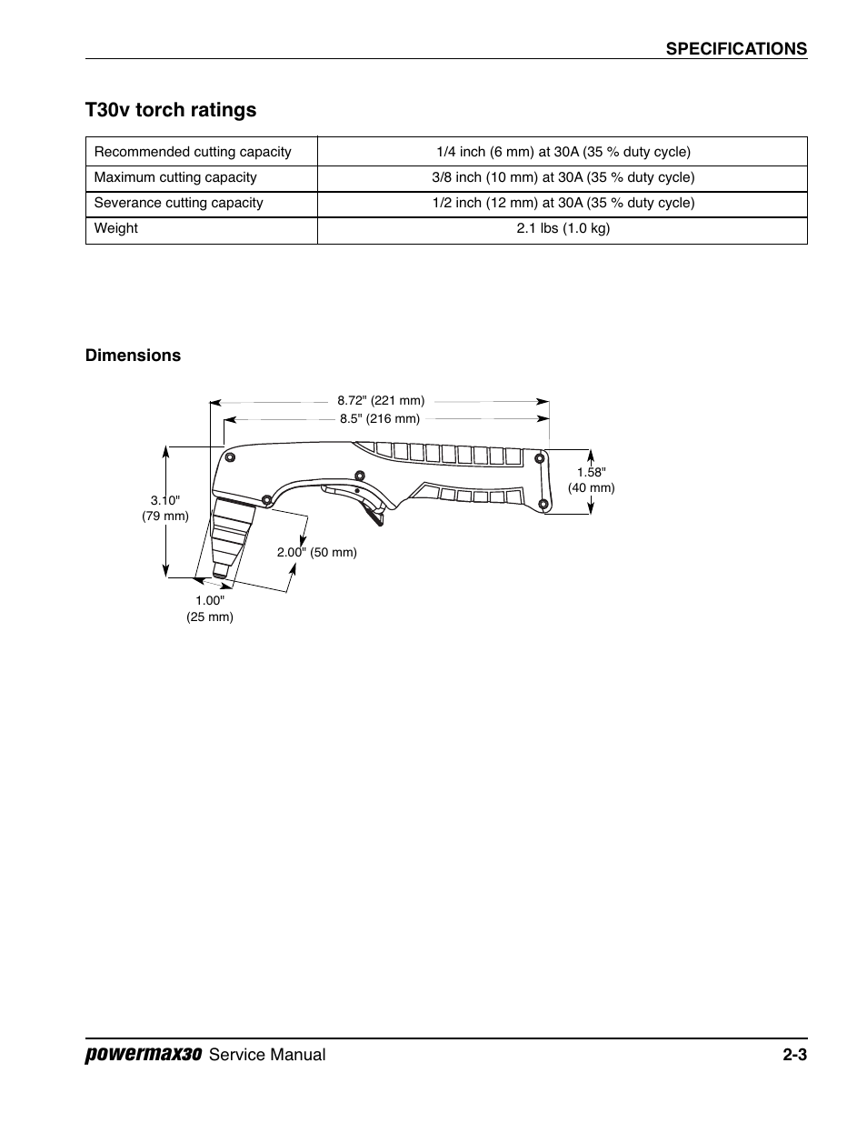 T30v torch ratings, Dimensions, Powermax30 | Hypertherm Powermax30 Service Manual User Manual | Page 38 / 88