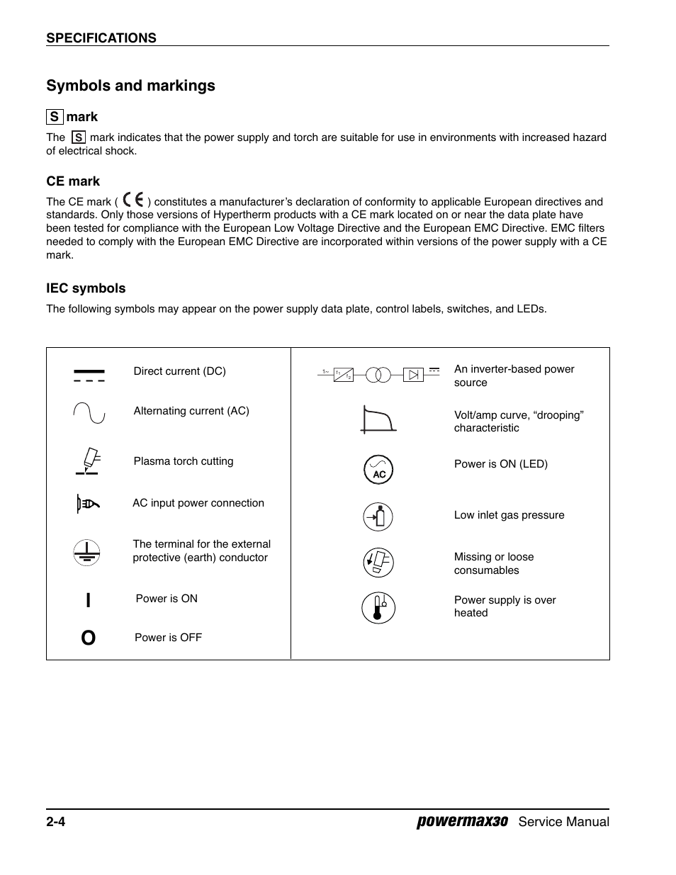 Symbols and markings, S mark, Ce mark | Iec symbols, Powermax30 | Hypertherm Powermax30 Service Manual User Manual | Page 39 / 88